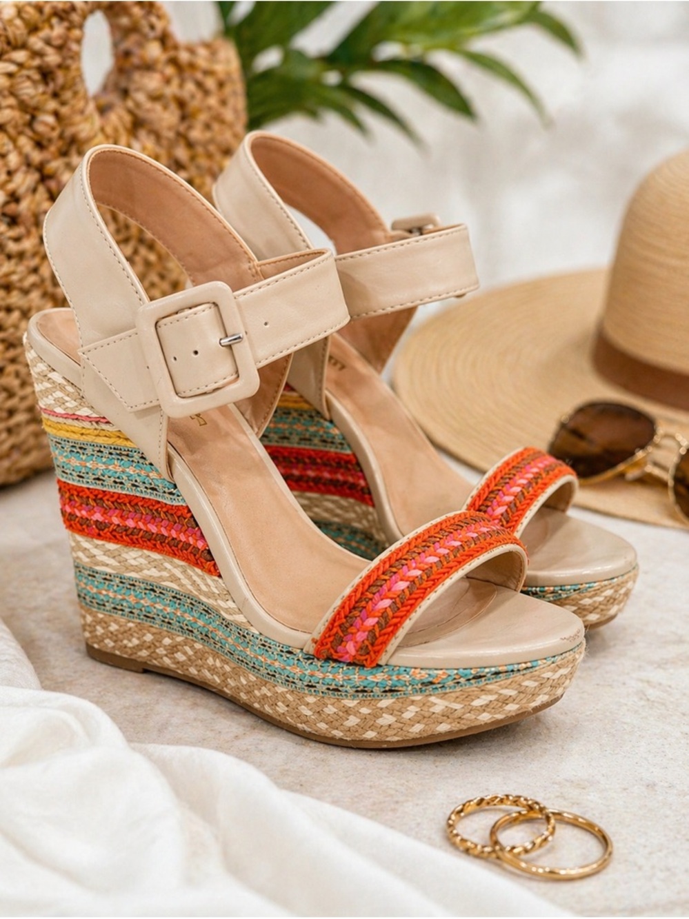 Mix No. 6 Espadrille Wedge Sandals Size 10 Beige Multicolor Boho Platform Heels